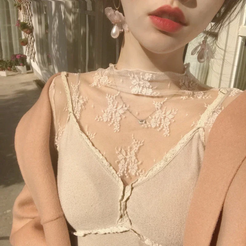 Damen-Oberteil aus transparenter Spitze mit Stehkragen, neue modische dünne Mesh-Bluse, schmal geschnittenes Unterteil für Pullover, elegantes durchsichtiges T-Shirt – Detail 5