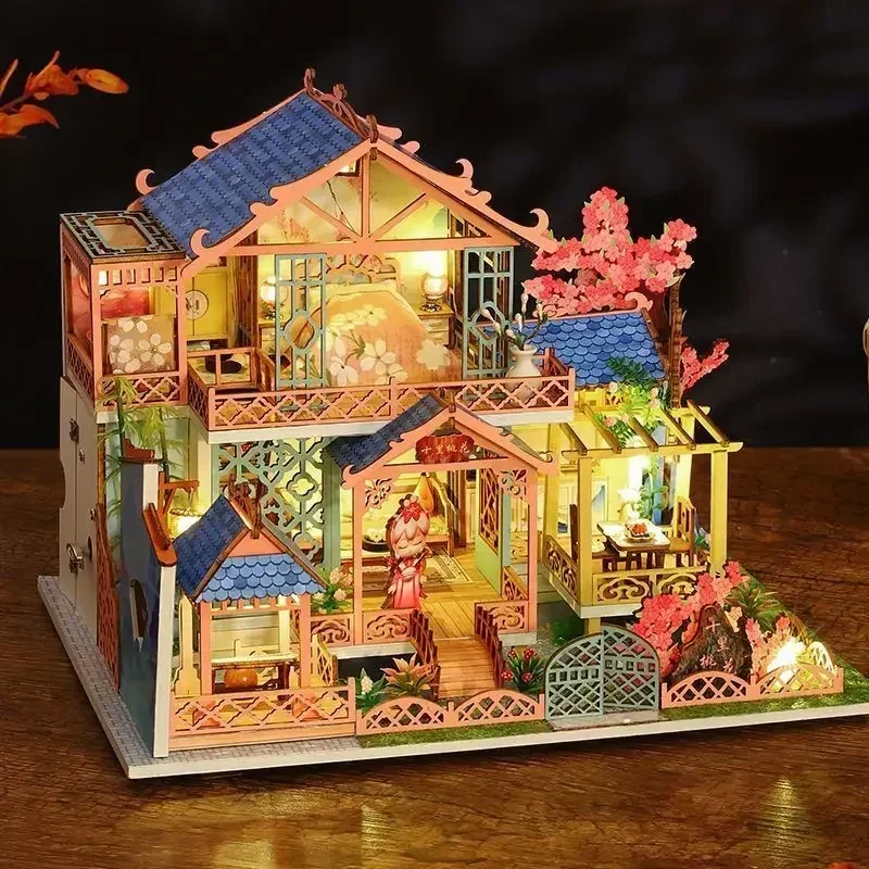 Peach Blossom Attic Casa Miniature Building NEW DIY Wooden Doll Houses Kits with Furniture Led Light Dollhouse for Girls Gifts