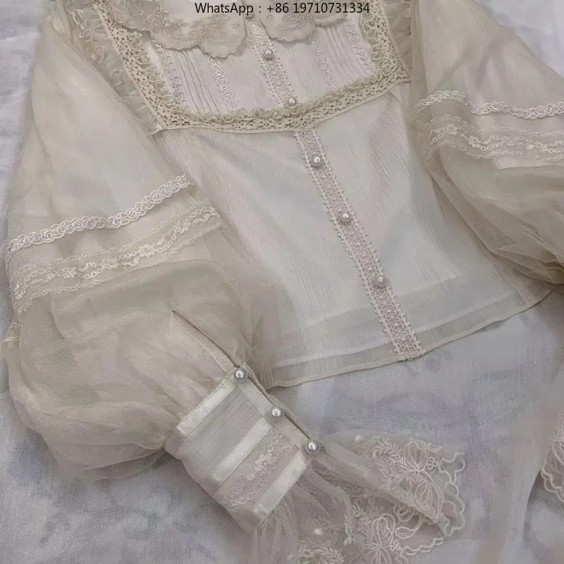 Women Vintage Lolita Blouse Lace Ruffle Embroidery Long Sleeve Sweet Y2K Japanese Top