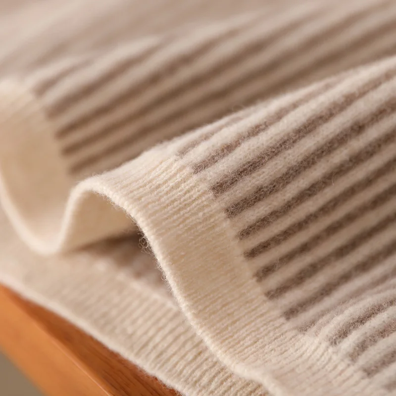 100% Merino Wool Knitted Trousers Striped  Women Wide Leg Pants  Autumn Winter Casual Style Thick Warm Cashmere Pant