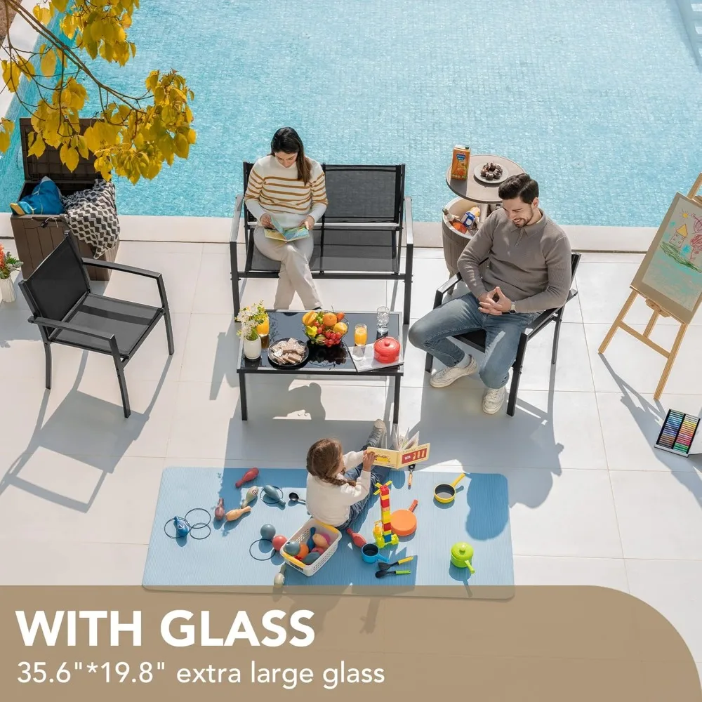 4 قطع مجموعة اثاث الفناء في الهواء الطلق حديقة فناء المحادثة مجموعات كراسي الحديقة بجانب حمام السباحة مع طاولة القهوة الزجاجية أثاث الشرفة