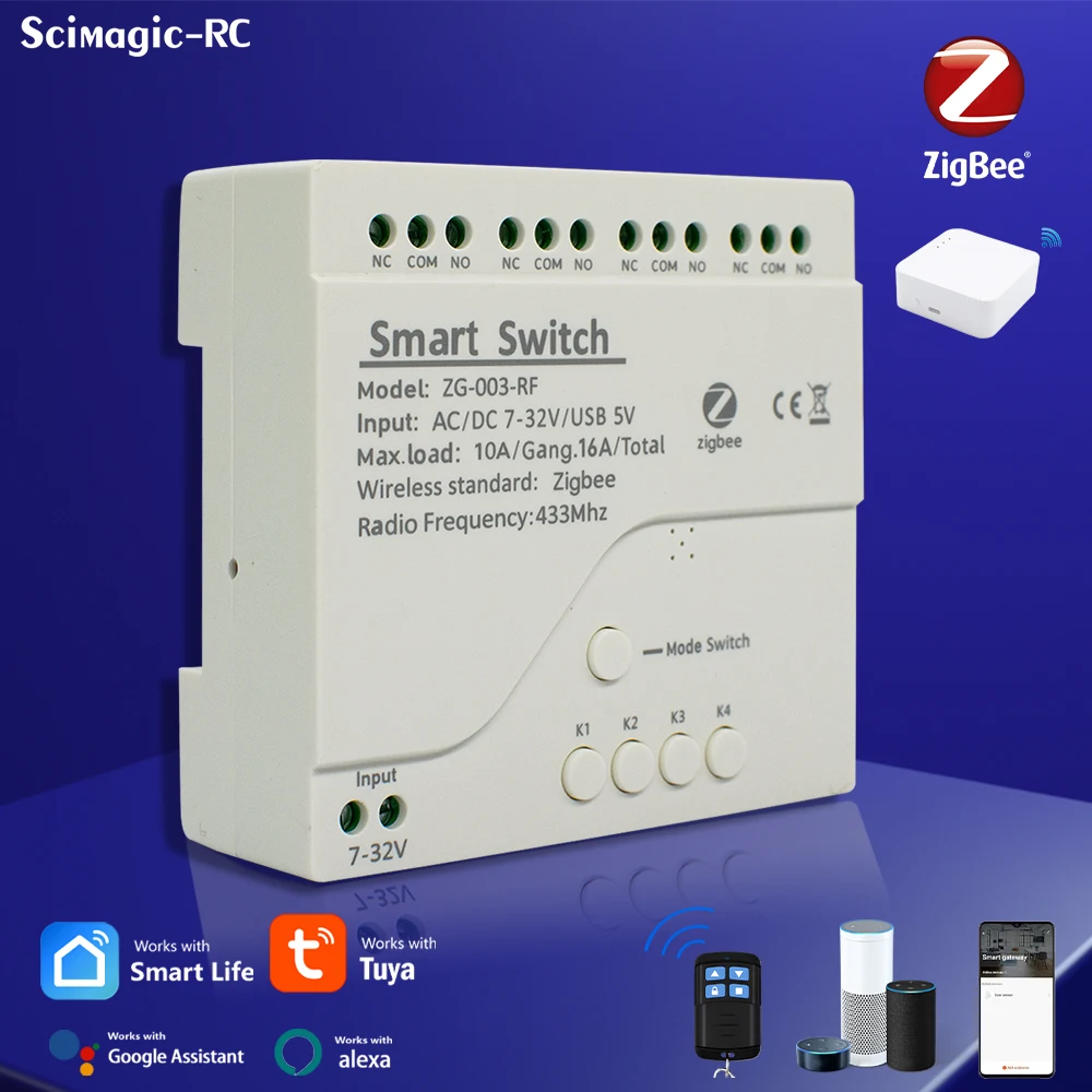 Tuya Zigbee3.0 4 Channel Smart Home Module AC DC 7-32V 85-250V RF433 / Voice Control Smart Light Switch Relay Work With Alexa