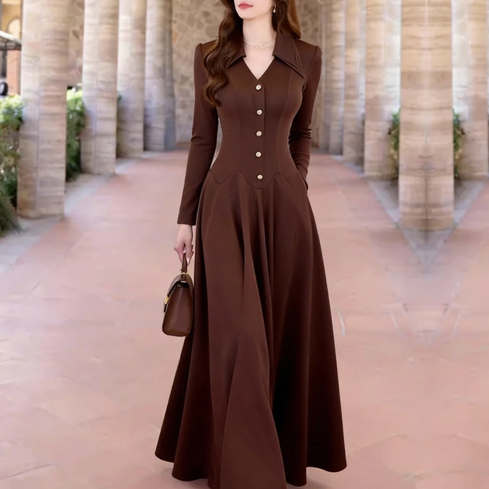 Women's Dress New French Floor Length Long Dress with Cinched Waist Slimming Female Fashion Long Sleeve Luxury Evening Dress