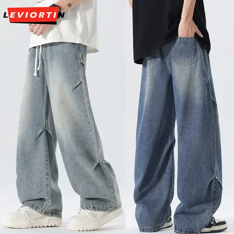 

Men's American Retro Washed Jeans, Spring Autumn New Straight Scimitar Pants, Loose Wide Leg Casual Denim Cargo Trousers