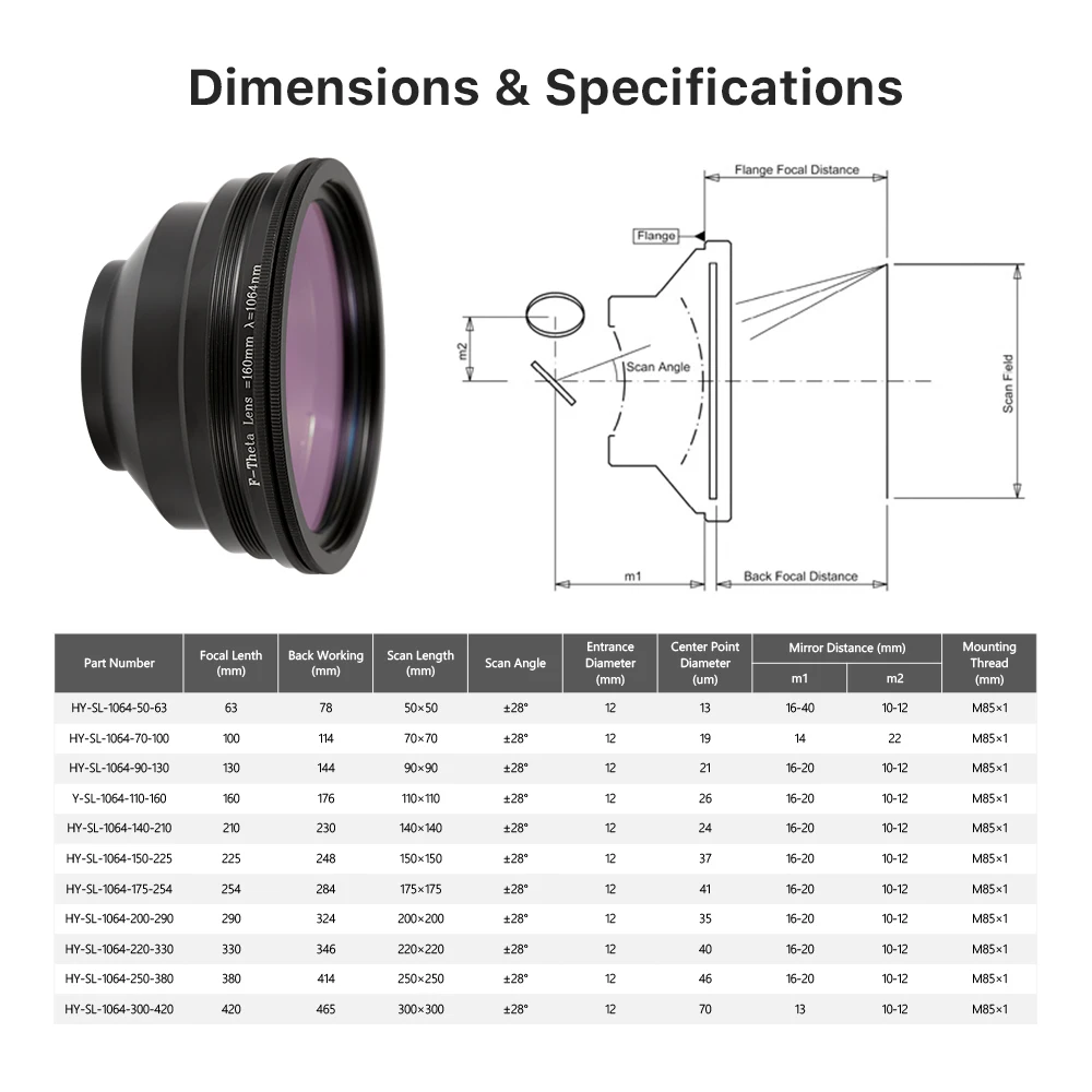 Ultrarayc-lente de enfoque f-theta 1064nm, longitud Focal del láser, 63-420mm, campo de escaneo 50 × 50-400 × 400, para sistema de láser de fibra