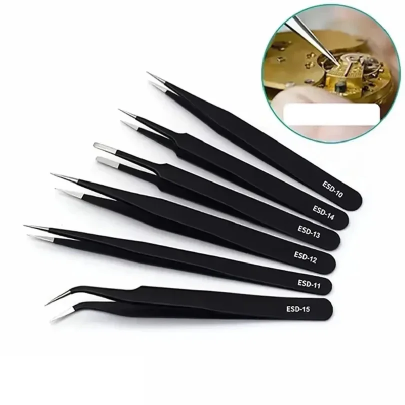 6pcs Precision Long Tweezers Set ESD Anti-Static Stainless SteelTweezers Repair Tools For Electronics Repair Soldering Craft