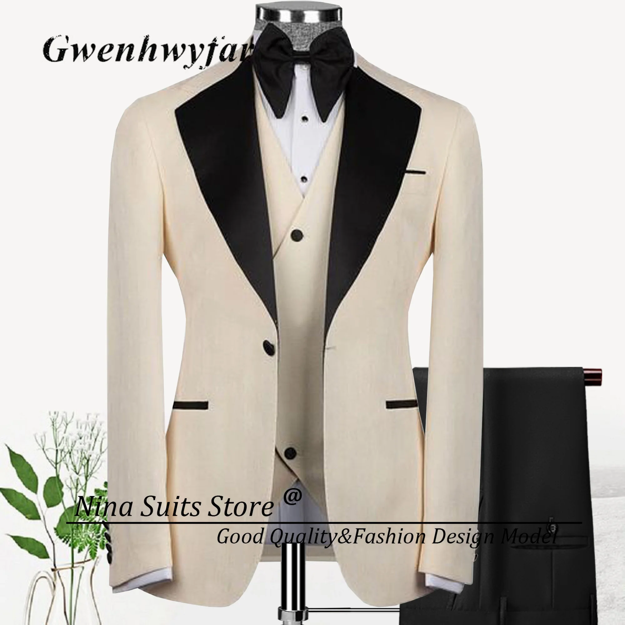 

Gwenhwyfar 2024 New Men Beige Costume With Black Color Wide Lapel Wedding Suits Double Slits Blazer 3 Pcs Suit Set Party Wear