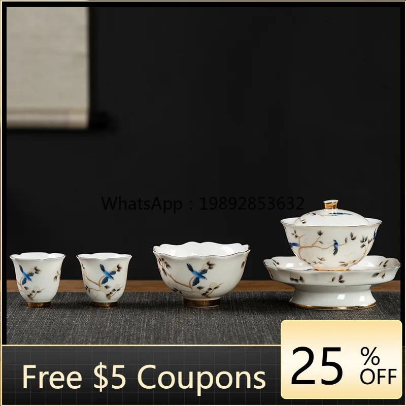 

HYS suet jade white porcelain tea set Sancai cover bowl high-grade ceramic Kung Fu tea bowl