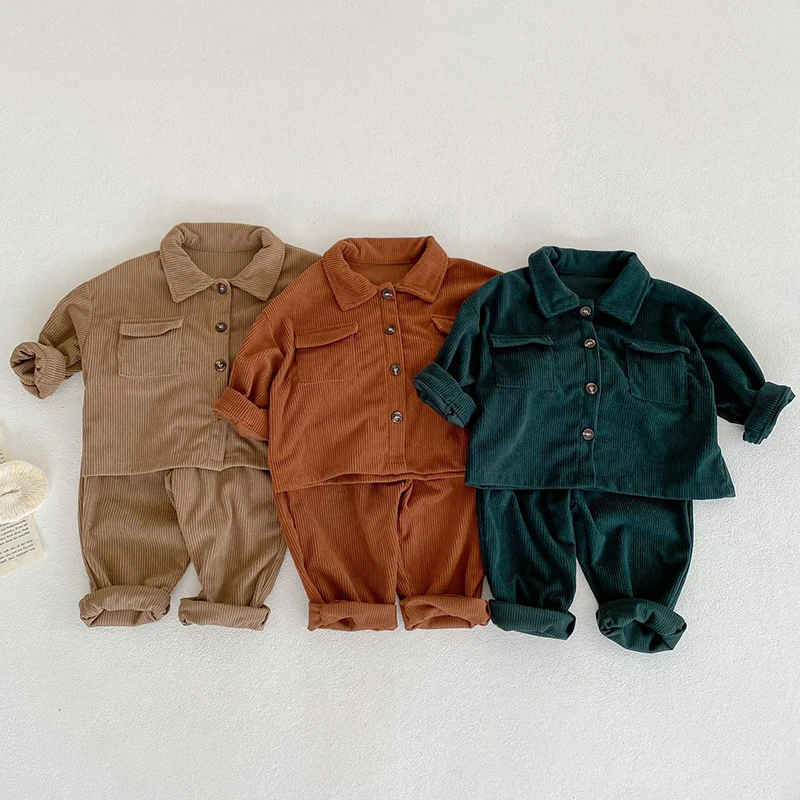 Casual Baby Boys Girls Long Sleeve Pure Color Coat + Pants Clothing Sets Autumn Kids Boys Girls Corduroy Suit Children\'s Sets