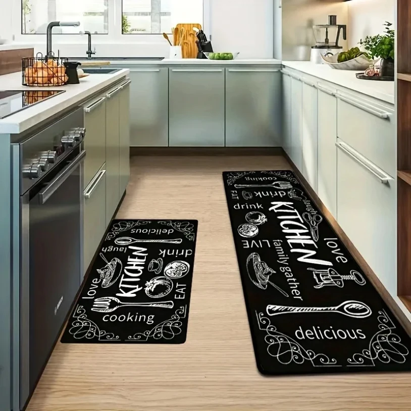 VIKAMA Kitchen Cutlery Knife and Fork Theme Washable Stain-resistant Foot Mat Carpet Kitchen Living Room Entrance Door Mats