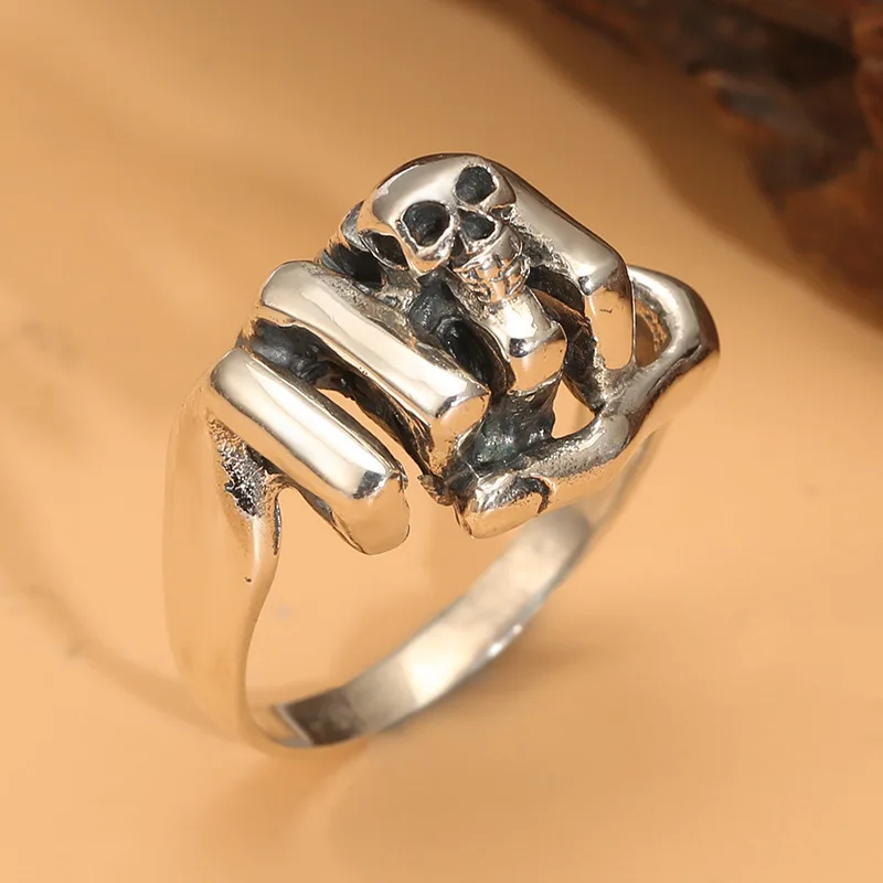 Anillo de dedo índice de calavera personalizado para hombres y mujeres, puño, retro tailandés, Plata de Ley S925, hip-hop, venta al por mayor