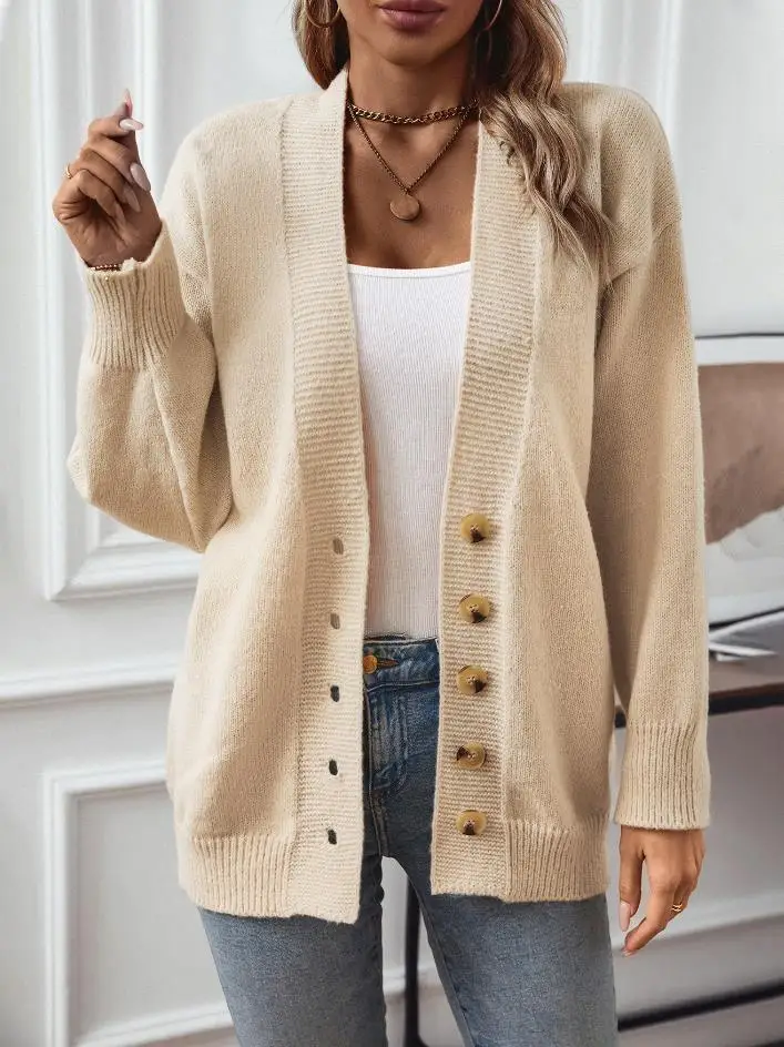 Women's Elegant Coat 2025 Autumn Winter Solid Single Breasted Sweater Coat Style Loose Fit Long Sleeves Buttons Knitted Cardigan