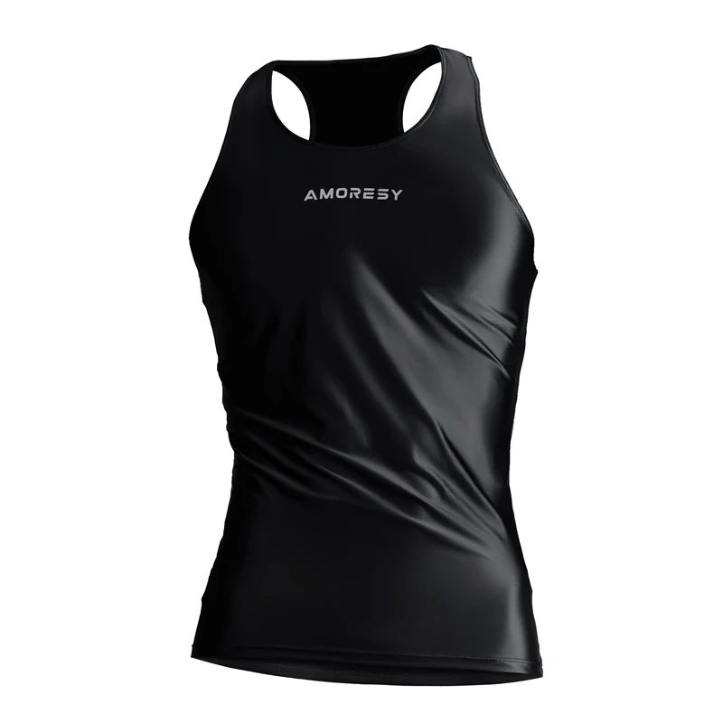 AMORESY Summer Men Shiny Glossy Spandex Sports Sleeveless Tights Vest Breathable Smooth Pullover Running Fitness Tops Undershirt