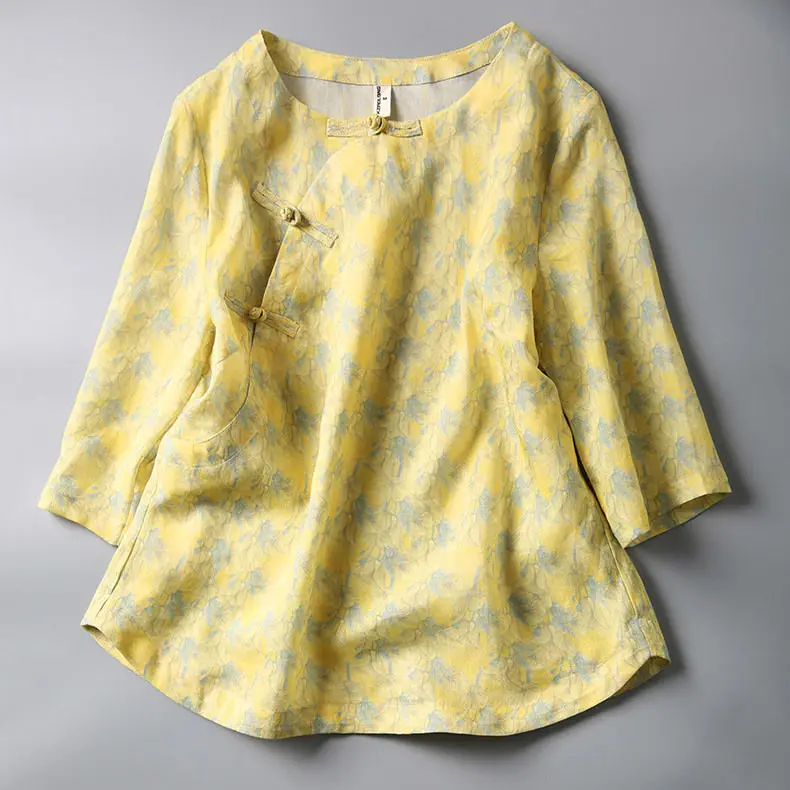 

SpringAutumn 3/4 Sleeve Slanted Collar Buttoned Print Chinese Style Top
