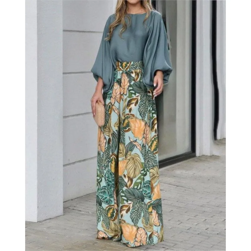 2024 Summer New Women\'s Clothing Set Lantern Sleeves Loose Top Printed Wide Leg Pants Two Piece Set Casual Ladies Trouser Outfit