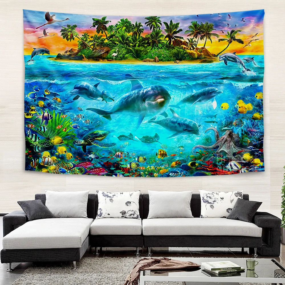 

Islands Underwater World Sea Fish Dolphin Tapestry Wall Hanging Kids Boho Hippie Aesthetic Room Art Marine Animal Home Decor