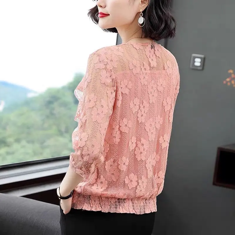 Fashion Elegant Lace Hollow Out Blouse Female Clothing Casual Sweet Ruffles Patchwork Summer 3/4 Sleeve Solid Color O-Neck Shirt