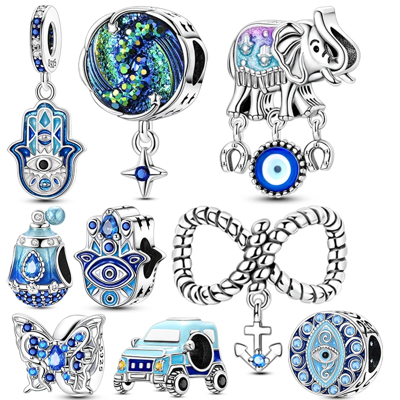 

Original 925 Sterling Silver Elephant Eye Hand Car Butterfly Blue Zircon Beads Pendants Charms Fit Bracelet Necklace Jewelry