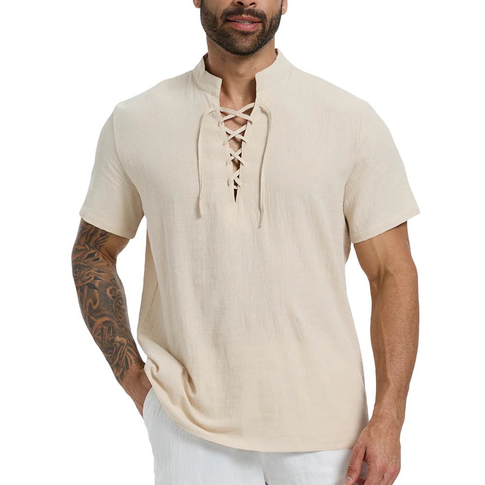 Herren-T-Shirt aus Baumwolle und Leinen, Sommer, atmungsaktiv, leicht, Henley-Ausschnitt, zum Schnüren, modisch, kurzärmelig, für Herren, lässige T-Shirts – Detail 7