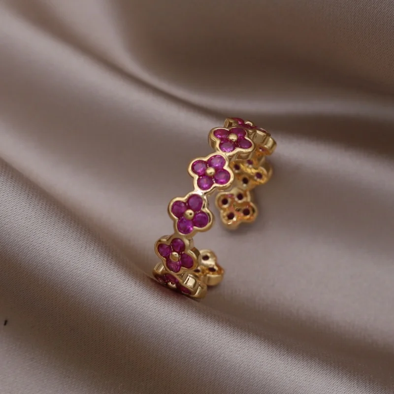 2024 French new design fashion jewelry 16K gold plated flower zircon open ring elegant women\'s daily work accessory