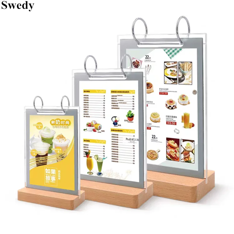 A5 148X210MM Double Sided Table Acrylic Sign Holder Display Stand Wooden Restaurant Menu Paper Flyer Photo Picture Poster Frame