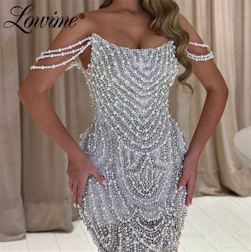 Pearl Full Beading Party Dresses Spaghetti Straps Mermaid Evening Dress Sequins Crystal Customize Long Prom Gown Robe De Soirée