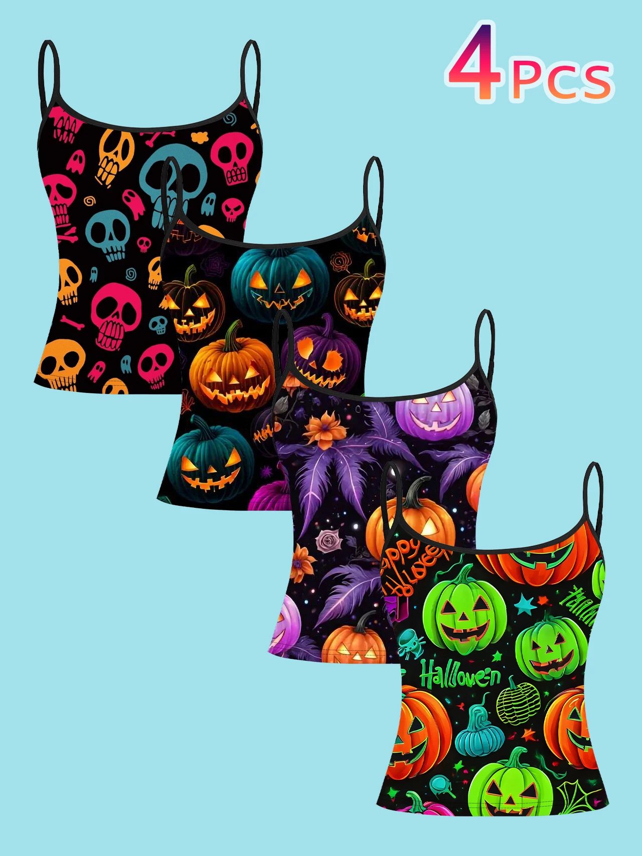 4-Piece Set of Halloween Colorful Skeleton Pumpkin Floral Women's Camisoles, Fluorescent Color-Blocking Printed Slim-Fit Spaghetti Strap Short Camisole Tops
