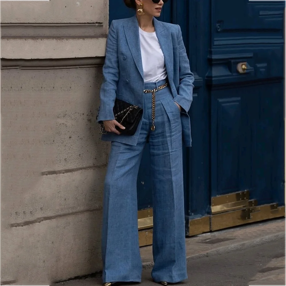 

High Quality Denim Suit For Women Straight Two Pieces Classic Peaked Lapel Blazer Smart Casual Office Lady Fashion Outfit Set