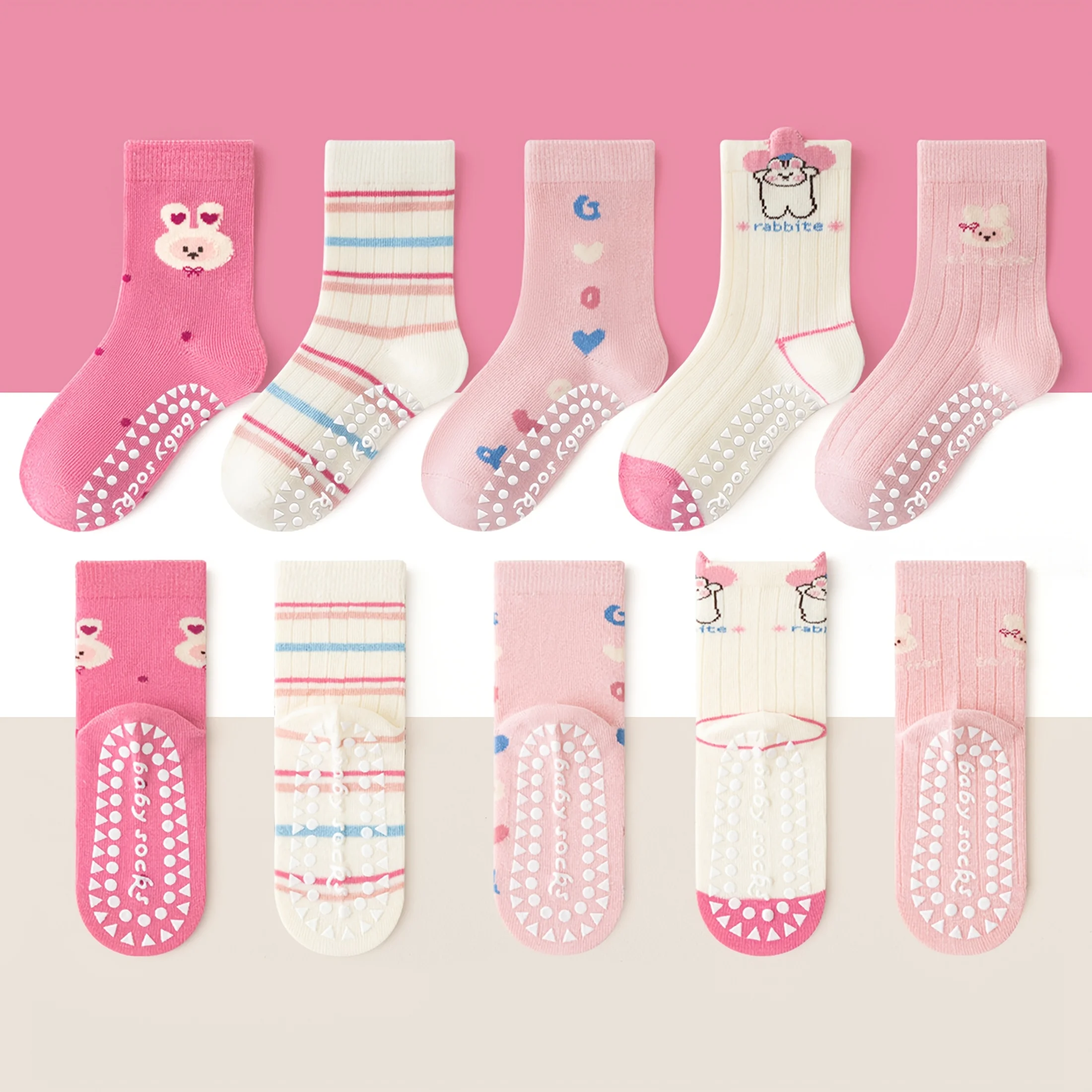 Paquete de 5 calcetines para niños con diseños florales y de conejitos en 3D, puntos antideslizantes, suela suave, calcetines con letras a rayas antideslizantes para interiores para niñas, bebés y niños pequeños, adecuados para la vida diaria informal