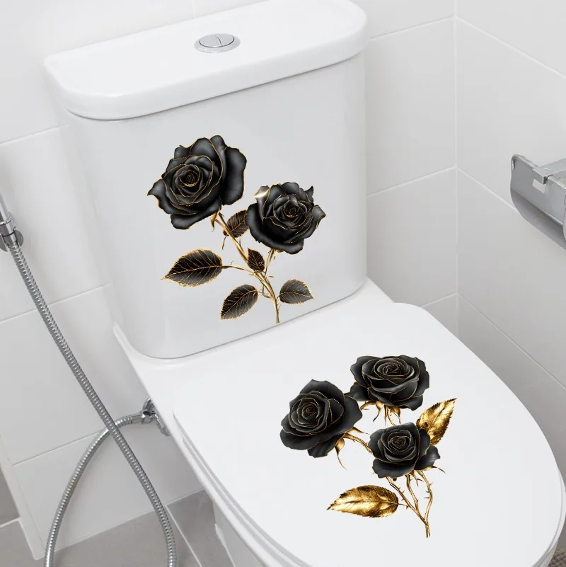 2 Sheets Black Golden Floral Toilet Decal for Bathroom Washroom Background Decoration Self-Adhesive Removable
