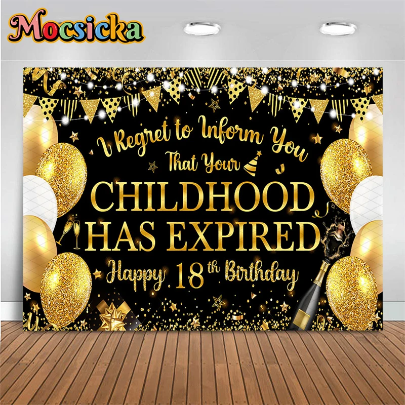 

Mocsicka Black Gold Happy 18th Birthday Photography Backdrop Childhood Expired Funny Quote Background Cloth Party Photo Booth