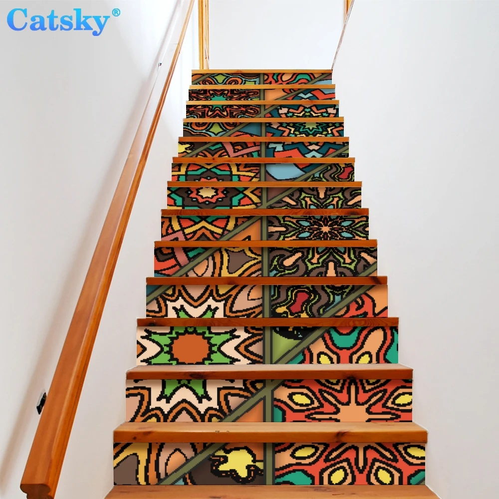 Ethnic Style Printstyle,Mandala,6pcs 13pcs/Set Stair Floor Stickers Waterproof Removable Self Adhesive Diy Stairway Decals