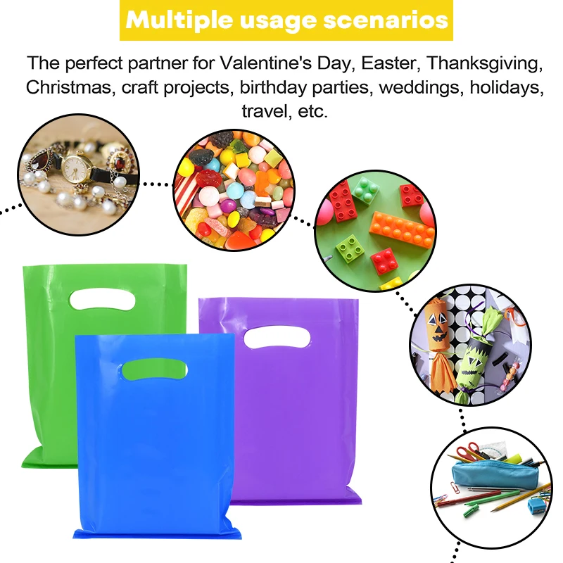 Bolsas de plástico Multicolor con asa para fiesta de cumpleaños, bolsas de favores, bolsas de negocios al por menor con asas, bolsas de caramelos,
