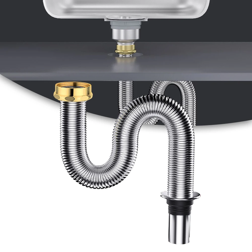 Stainless Steel Sink Siphon Anti-odor Waste Drain Valve Flexible Pipe Hose Bathroom Kitchen Retractable Drainage Tube 40cm 60cm