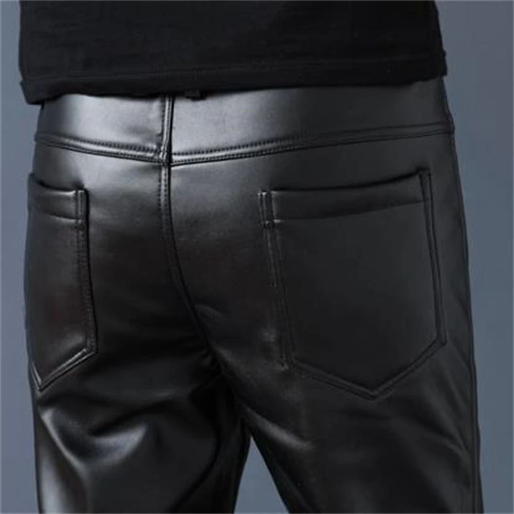 Autumn Men Leather Pants Velvet Skinny Fit Elastic Style Pu Leather Trousers Motorcycle Pants Thick Streetwear Slim Capris