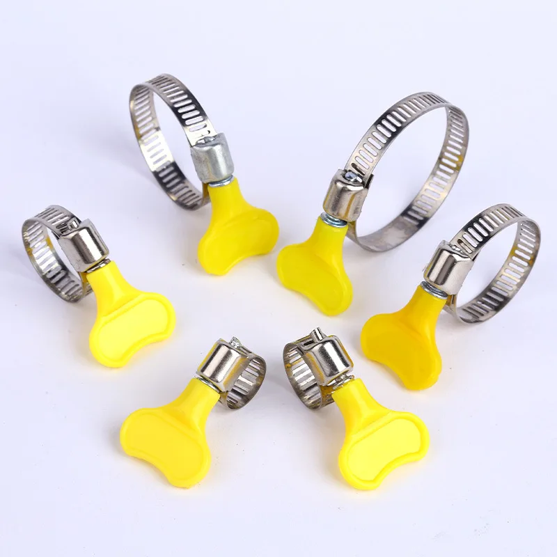 5 pcs 8-44mm Adjustable Yellow Plastic Handle Hand Twist Hose Clamps Worm Driving Stainless steel Pipe Clips For Tube