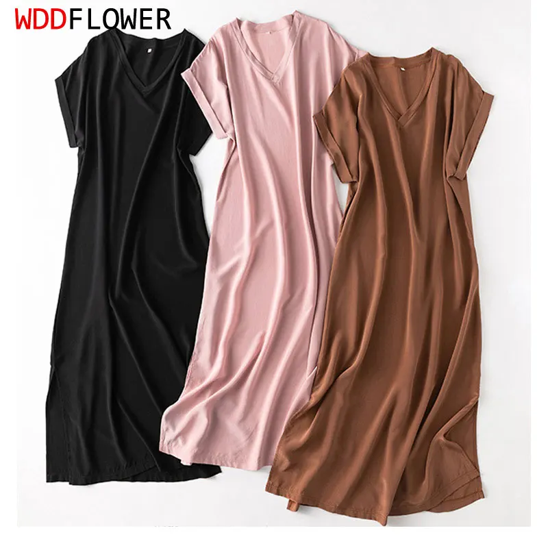 Kobiety 100% jedwab 19 momme gruby krepowany jedwab Midi sukienka V neck krótki rękaw rozcięcia po bokach długa sukienka L XL MM112