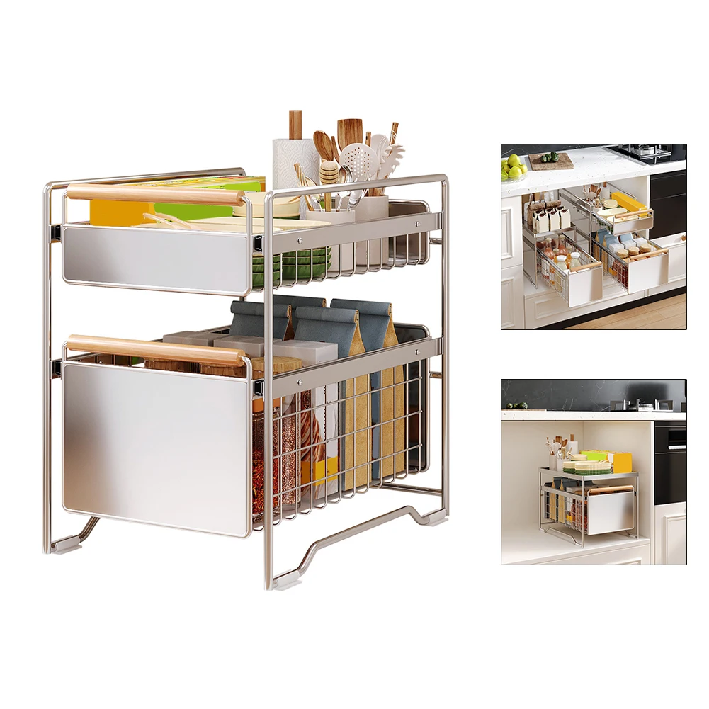 Under Sink Organizer With 1 Or 2 Tier Pull-Out Drawers For Kitchen Cabinet Storage And Space Saving 16.14 × 11.81 × 5.12inches