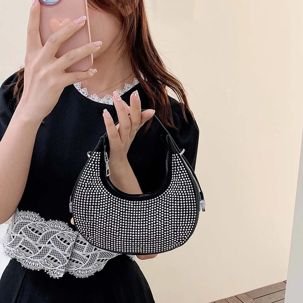 Women Hobo Handbag Rhinestone Bling Crescent Bag Sparkle Underarm Purse Crystal Clutch Lady Wedding Bag