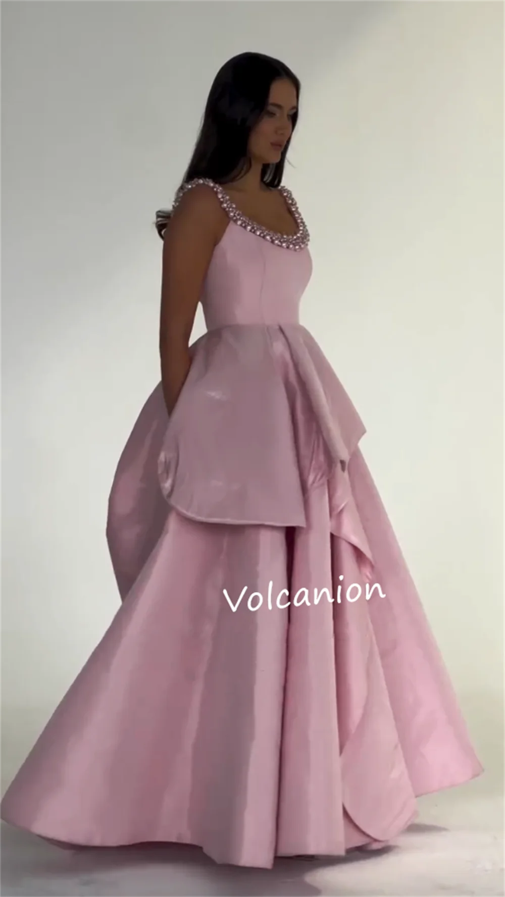 Vestidos largos de noche formales personalizados, Charmeuse con cuentas, fruncido, corte en A, cuello redondo, ocasión a medida, exquisito, alta calidad