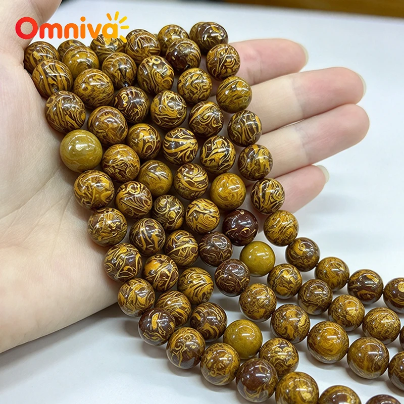 Natural Golden Phoebe Wood Calming Gold Vein Round Loose Beads 4/6/8mm for DIY Jewelry Making Bracelet Necklace Earring Supplies