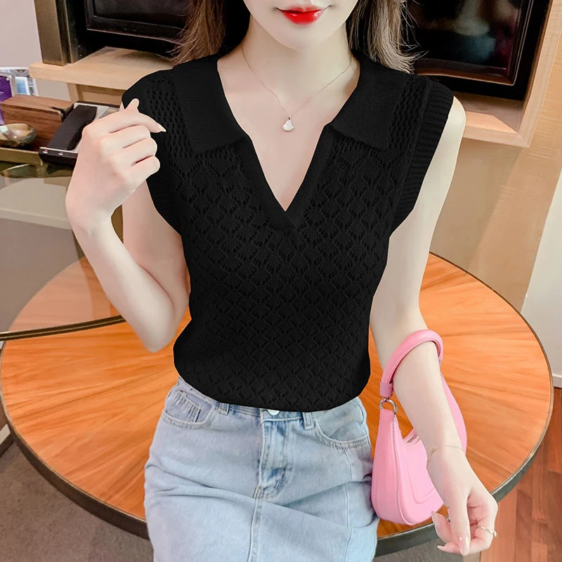 Summer Hollow Out Women Sleeveless Polo V Neck T Shirts Fashion Slim Fit Harajuku Casual All-match Elegant Crop Top Office Daily