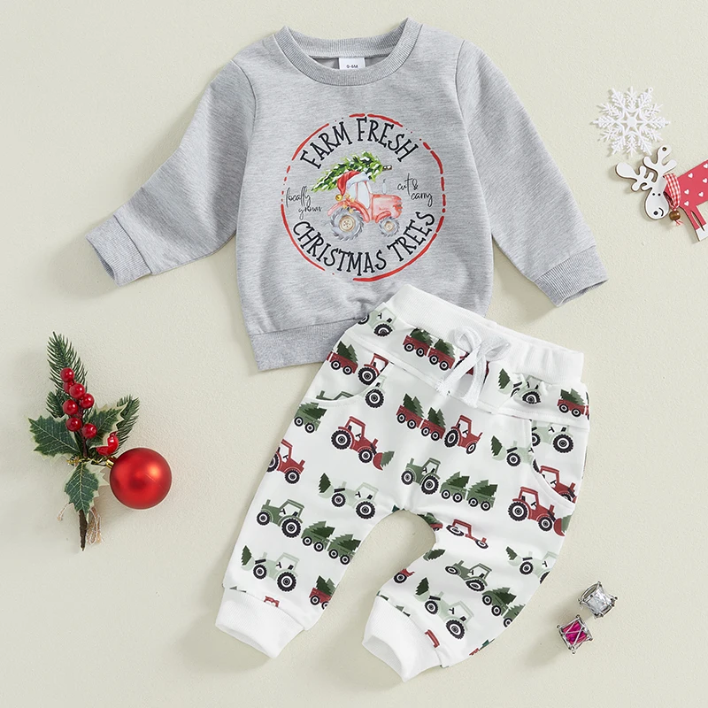 Tenue de Noël pour bébé garçon, sweat-shirt à manches longues et pantalon imprimé tracteur, vêtements pour tout-petits, 2 pièces