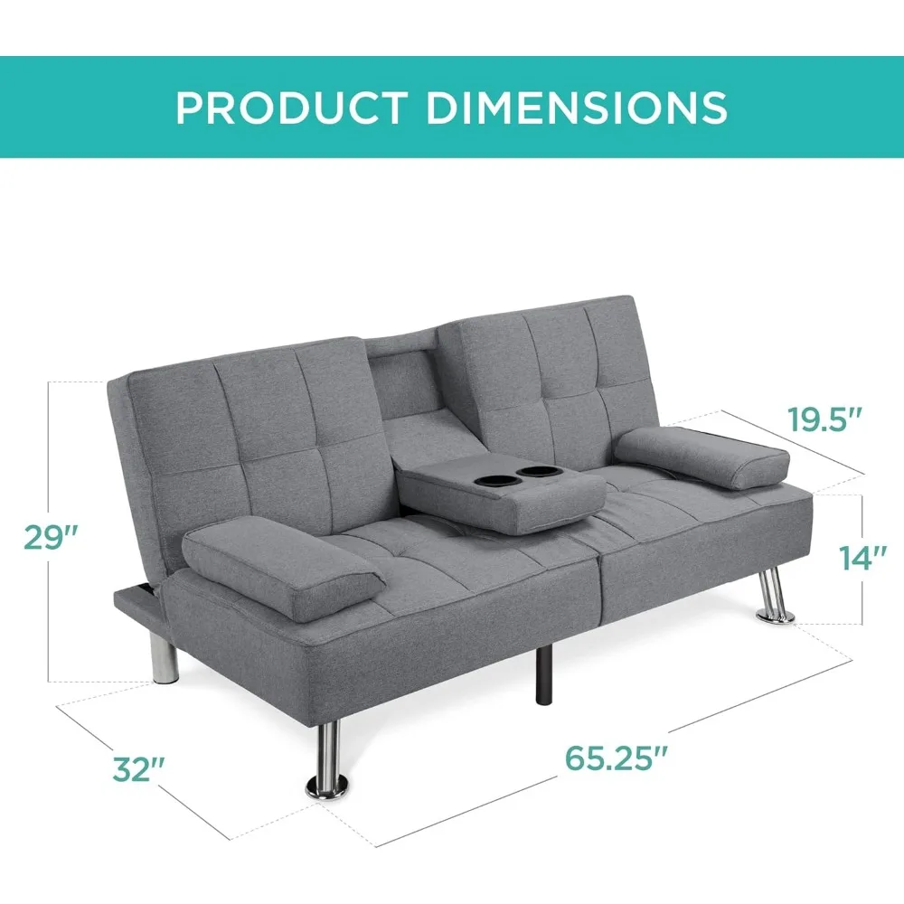 Moderner Klapp-Futon aus Leinen, Liegesofa für Wohnung, Schlafsaal mit abnehmbaren Armlehnen, 2 Getränkehaltern