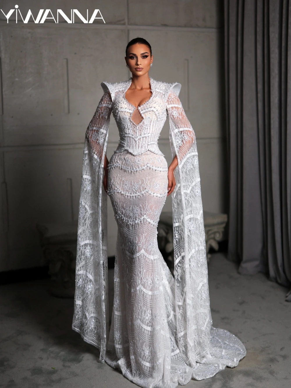 

2026 New Embroidery Pearls Lace Wedding Dress Dreamy Cape Sleeve Mermaid Long Bridal Gown Customized Opulent Dresses For Bride
