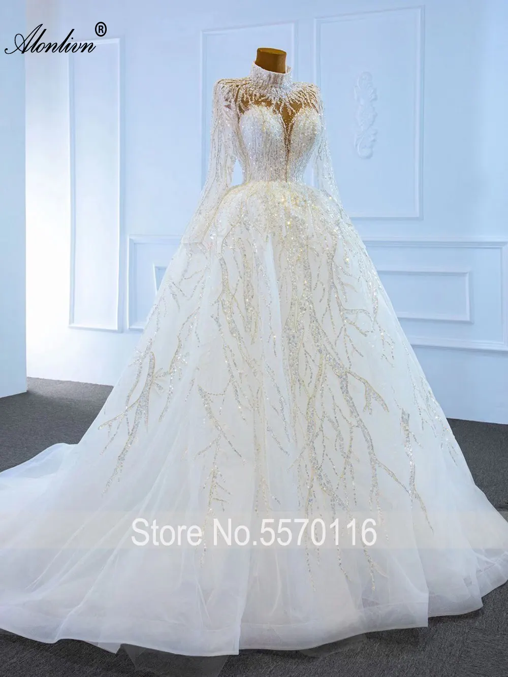 Alonlivn Luxury Bling Bling High Neckline Of A Line Wedding Dress Princess Sparkling Appliques Full Sleeves Bridal Dess