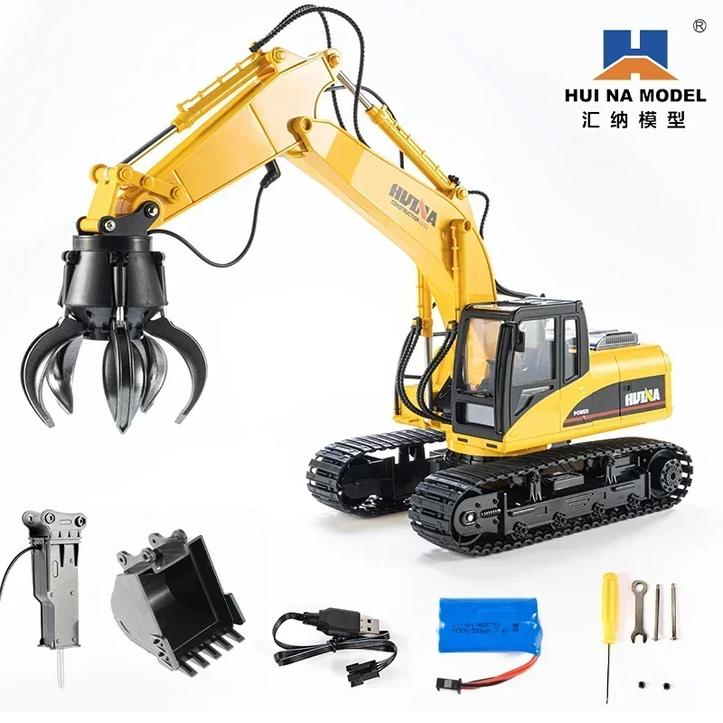 16-Channel Rc Excavator Construction Vehicle Multifunctional Grabbing Machine with 3 Working Heads Simulation Boy and Kid's Toy