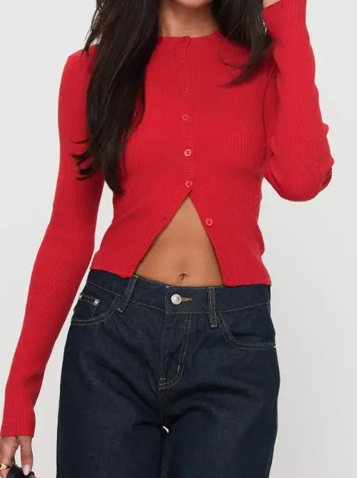 

Y2K Hot Girl Solid Color Long Sleeve Sweater Autumn/winter Women's Round Neck Solid Color Slimming Waist Button Knitted Sweater