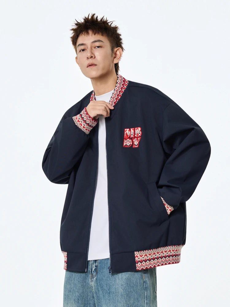 

Retro National Embroidery Patchwork Baseball Jaet Men's Loose Casual All-Match Autumn Jaet Youth Polyester Fiber