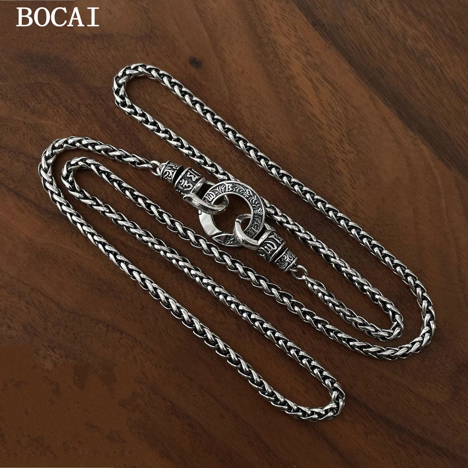 S925 Sterling Silver Vintage Fashion Double Circle Buckle Six Character Mantra Tang Grass Pattern Couple Necklace